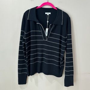 NWT Max Studio Women's Striped Knit Polo Sweater, Black/White Size XL Classic